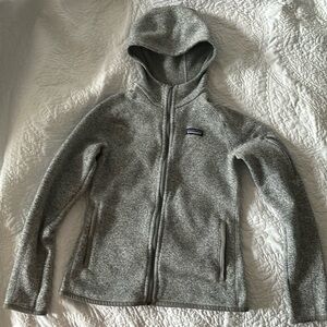 Patagonia hooded heather grey fleece jacket.